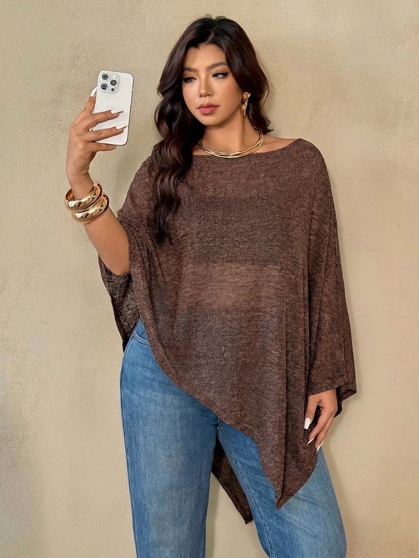 Auralis Plus Size Women Chocolate Brown Round Neck Cape Style Top,Autumn Elegant Everyday Casual Versatile Sheer Mesh Faux Sweater Scarf Hem High-End Banquet