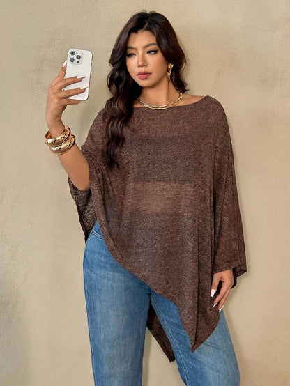 Auralis Plus Size Women Chocolate Brown Round Neck Cape Style Top,Autumn Elegant Everyday Casual Versatile Sheer Mesh Faux Sweater Scarf Hem High-End Banquet