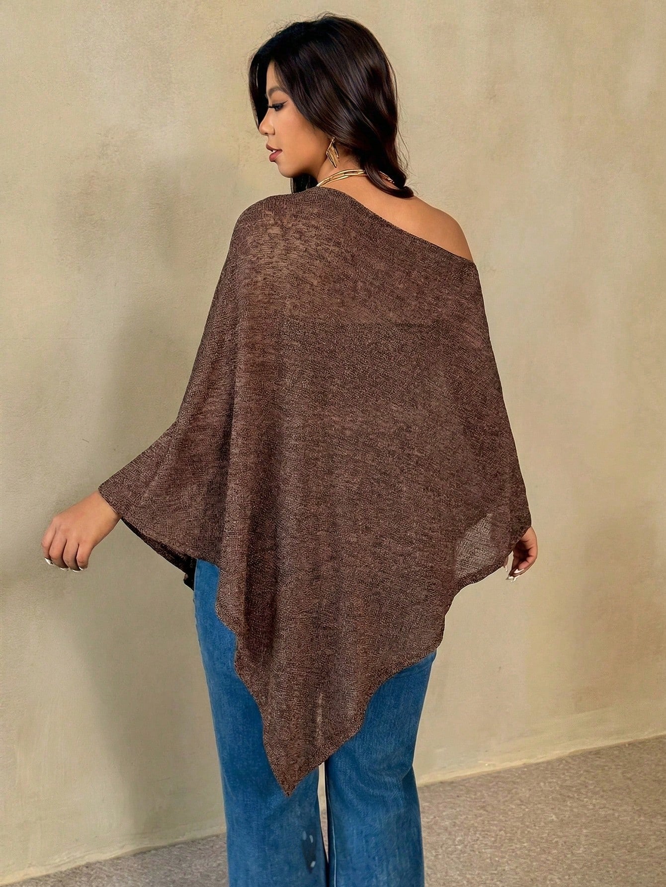 Auralis Plus Size Women Chocolate Brown Round Neck Cape Style Top,Autumn Elegant Everyday Casual Versatile Sheer Mesh Faux Sweater Scarf Hem High-End Banquet