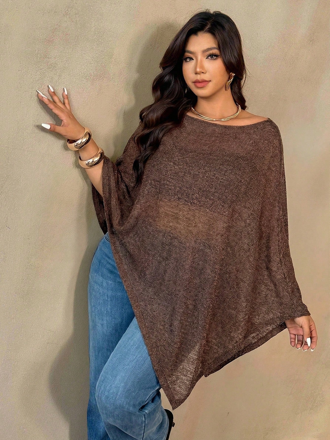 Auralis Plus Size Women Chocolate Brown Round Neck Cape Style Top,Autumn Elegant Everyday Casual Versatile Sheer Mesh Faux Sweater Scarf Hem High-End Banquet