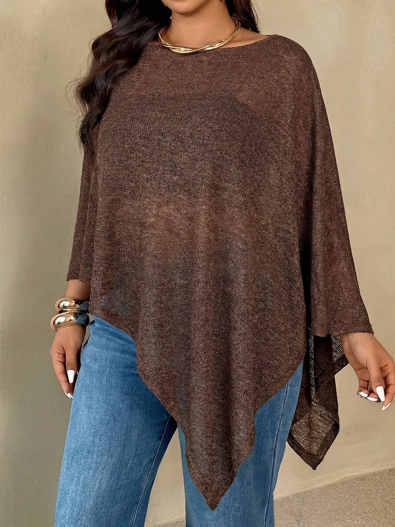 Auralis Plus Size Women Chocolate Brown Round Neck Cape Style Top,Autumn Elegant Everyday Casual Versatile Sheer Mesh Faux Sweater Scarf Hem High-End Banquet
