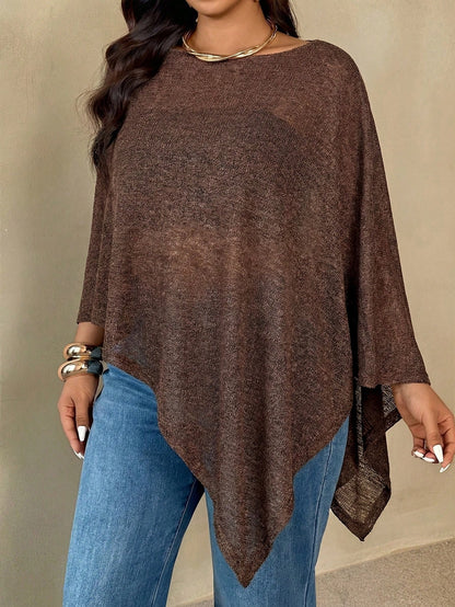 Auralis Plus Size Women Chocolate Brown Round Neck Cape Style Top,Autumn Elegant Everyday Casual Versatile Sheer Mesh Faux Sweater Scarf Hem High-End Banquet
