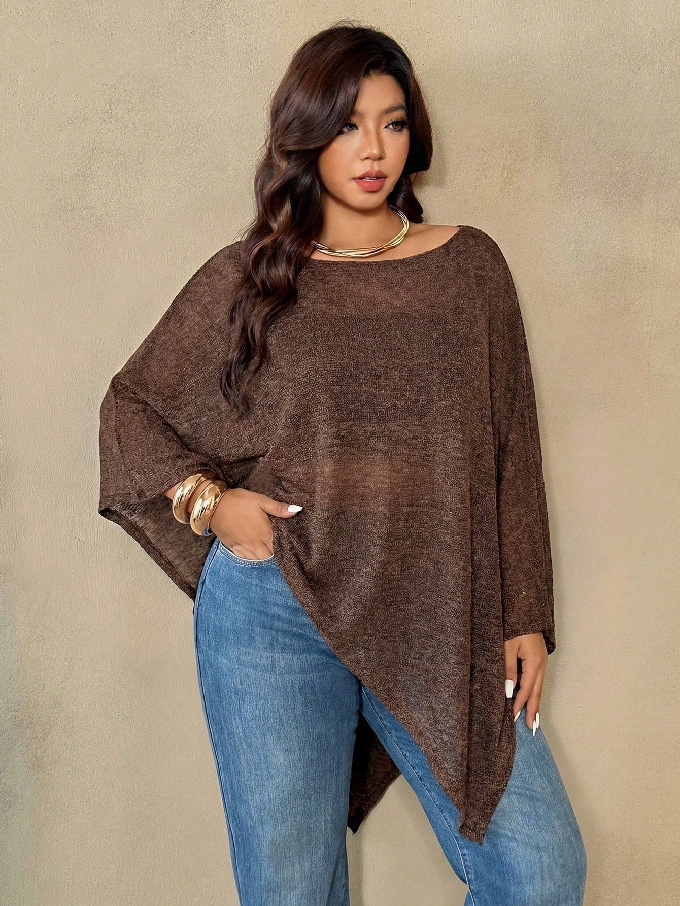 Auralis Plus Size Women Chocolate Brown Round Neck Cape Style Top,Autumn Elegant Everyday Casual Versatile Sheer Mesh Faux Sweater Scarf Hem High-End Banquet