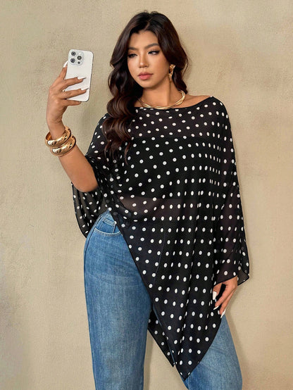 Auralis Plus Size Women Chocolate Brown Round Neck Cape Style Top,Autumn Elegant Everyday Casual Versatile Sheer Mesh Faux Sweater Scarf Hem High-End Banquet
