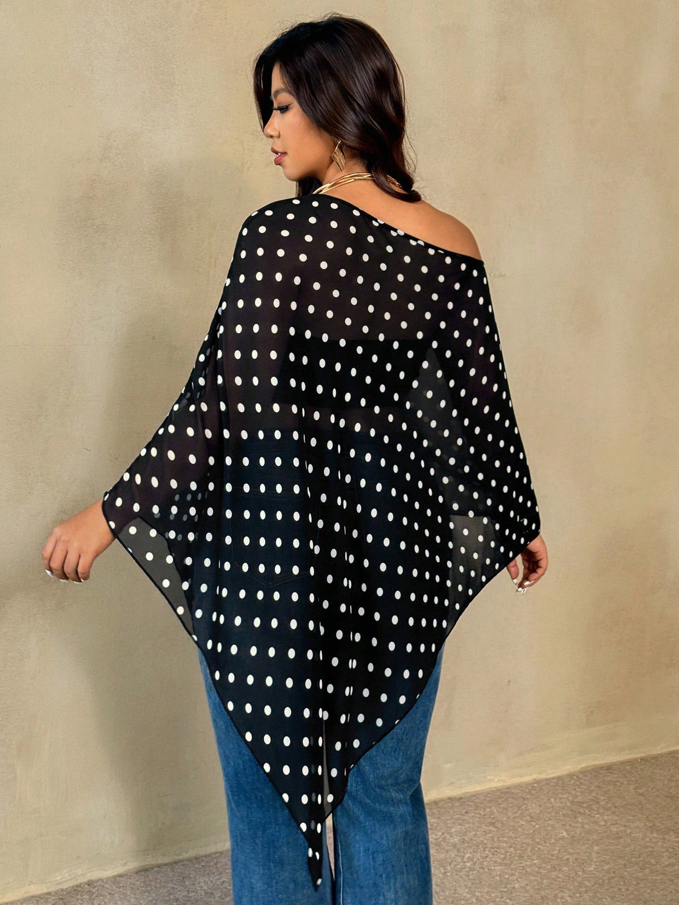 Auralis Plus Size Women Chocolate Brown Round Neck Cape Style Top,Autumn Elegant Everyday Casual Versatile Sheer Mesh Faux Sweater Scarf Hem High-End Banquet