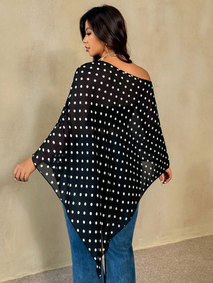 Auralis Plus Size Women Chocolate Brown Round Neck Cape Style Top,Autumn Elegant Everyday Casual Versatile Sheer Mesh Faux Sweater Scarf Hem High-End Banquet