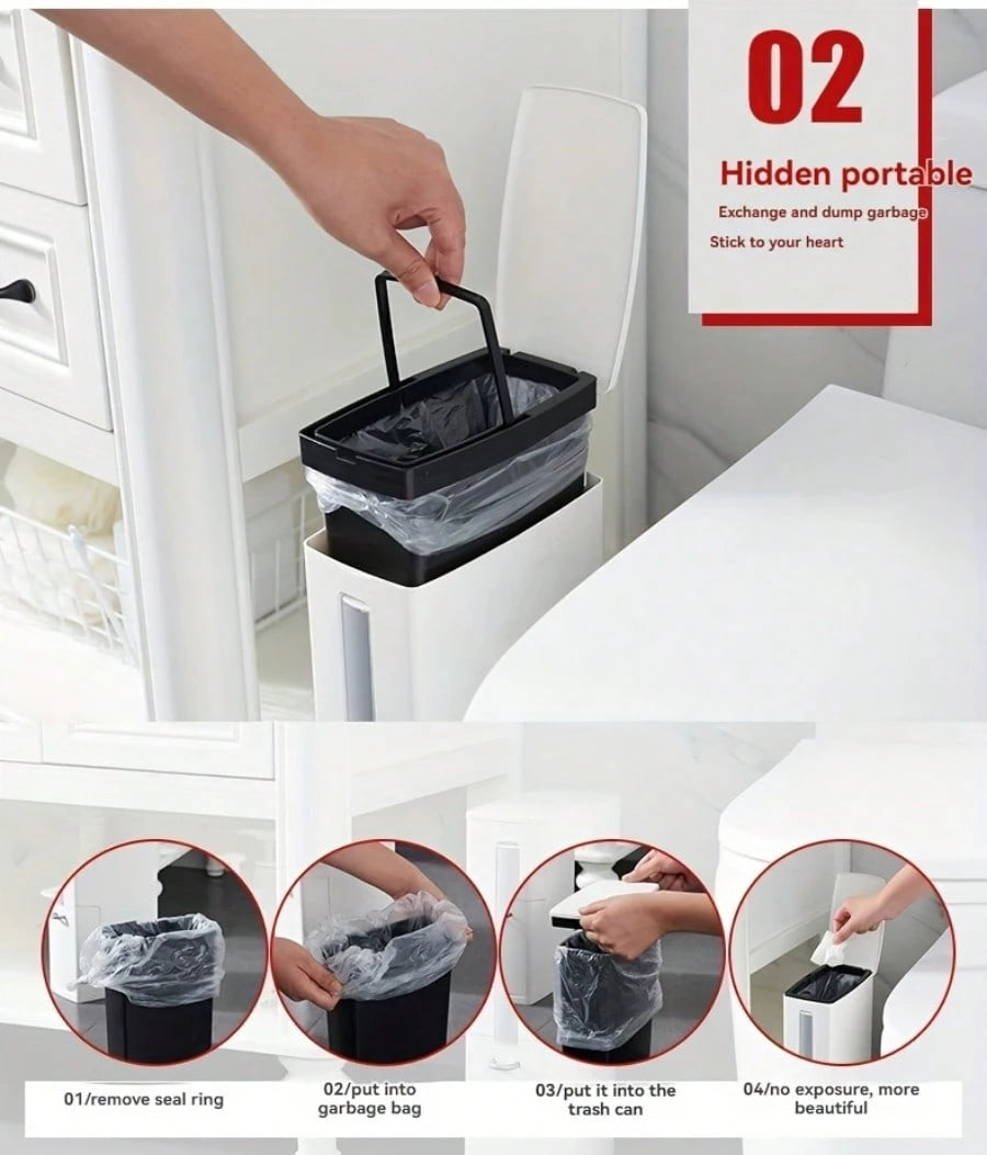 Automatic Bathroom Trash Can- Thickened Decor Garbage Bin With Lid, Multi-Use For Bathroom, Laundry, Home Office, House Essentials With Convenient Brush Included (Basurero De Baño)
