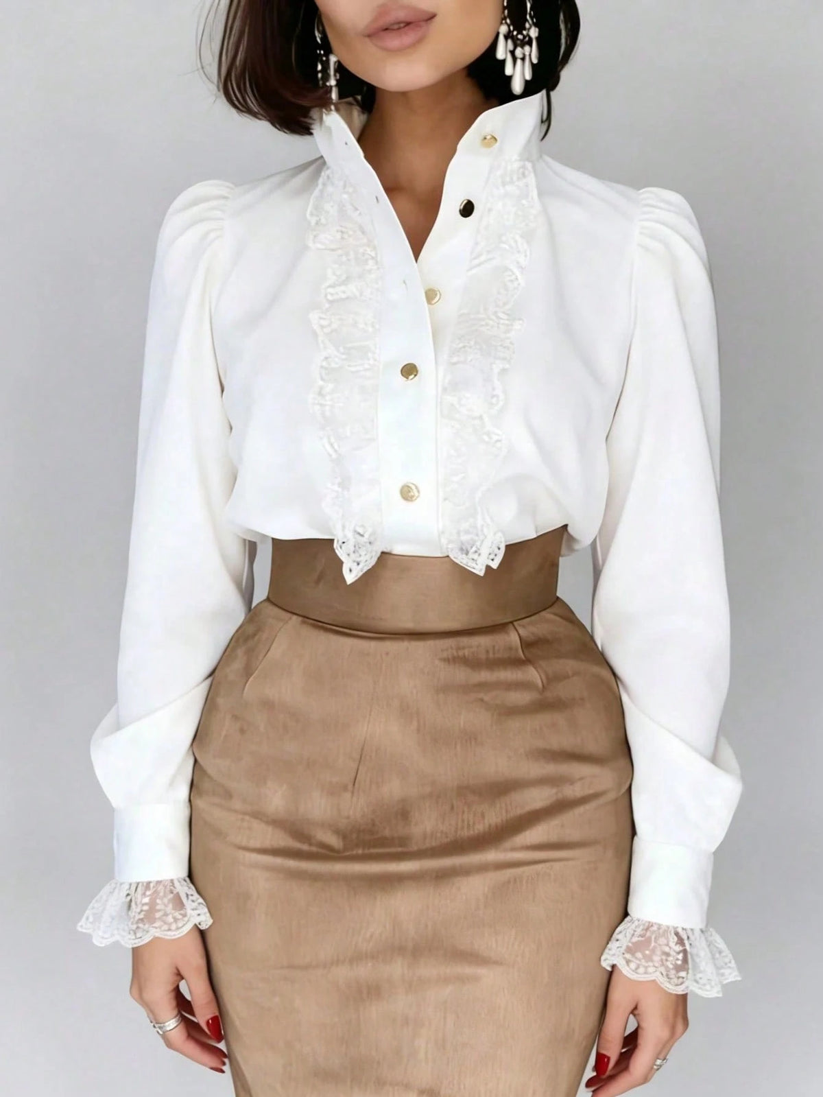 Autumn French Lace Patchwork Stand Collar Premium Blouse Back To School White