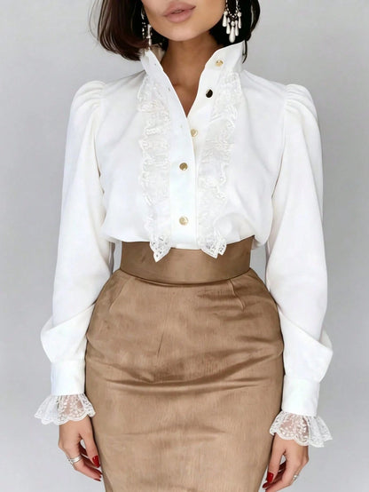Autumn French Lace Patchwork Stand Collar Premium Blouse Back To School White