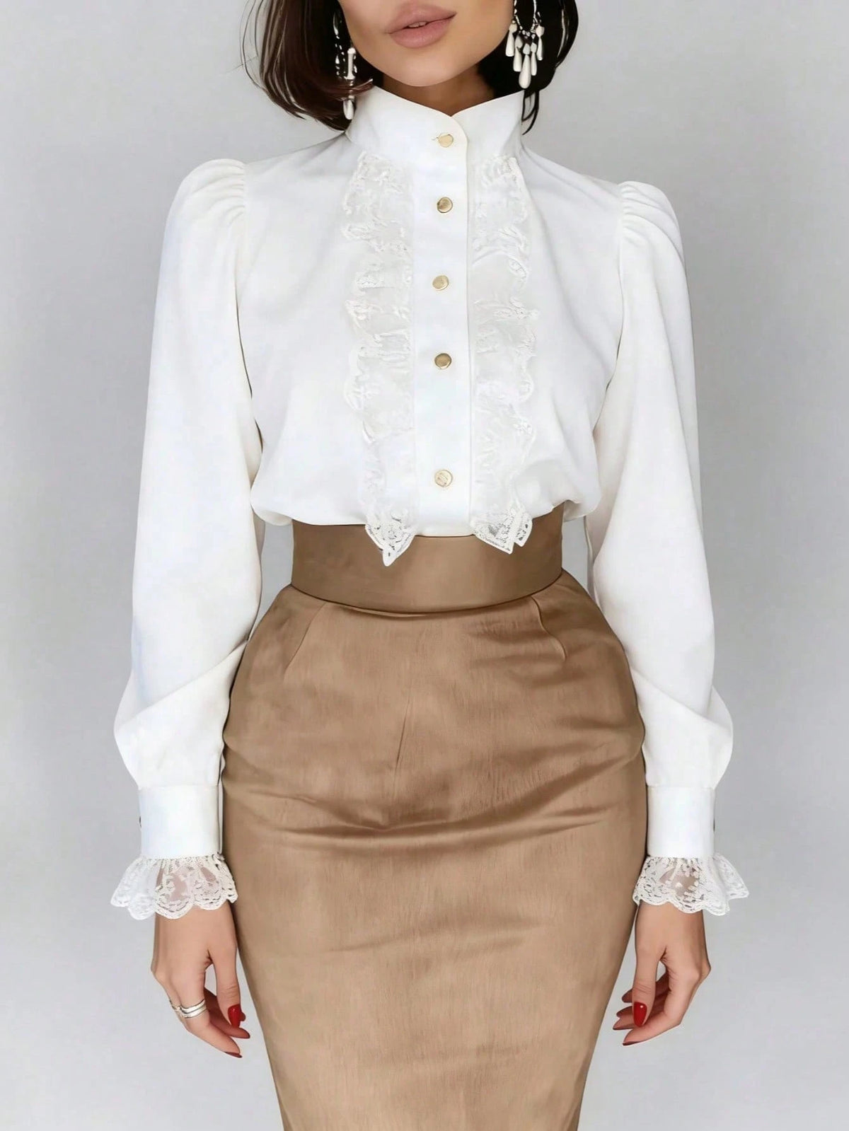 Autumn French Lace Patchwork Stand Collar Premium Blouse Back To School White