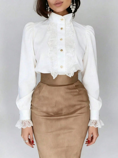Autumn French Lace Patchwork Stand Collar Premium Blouse Back To School White