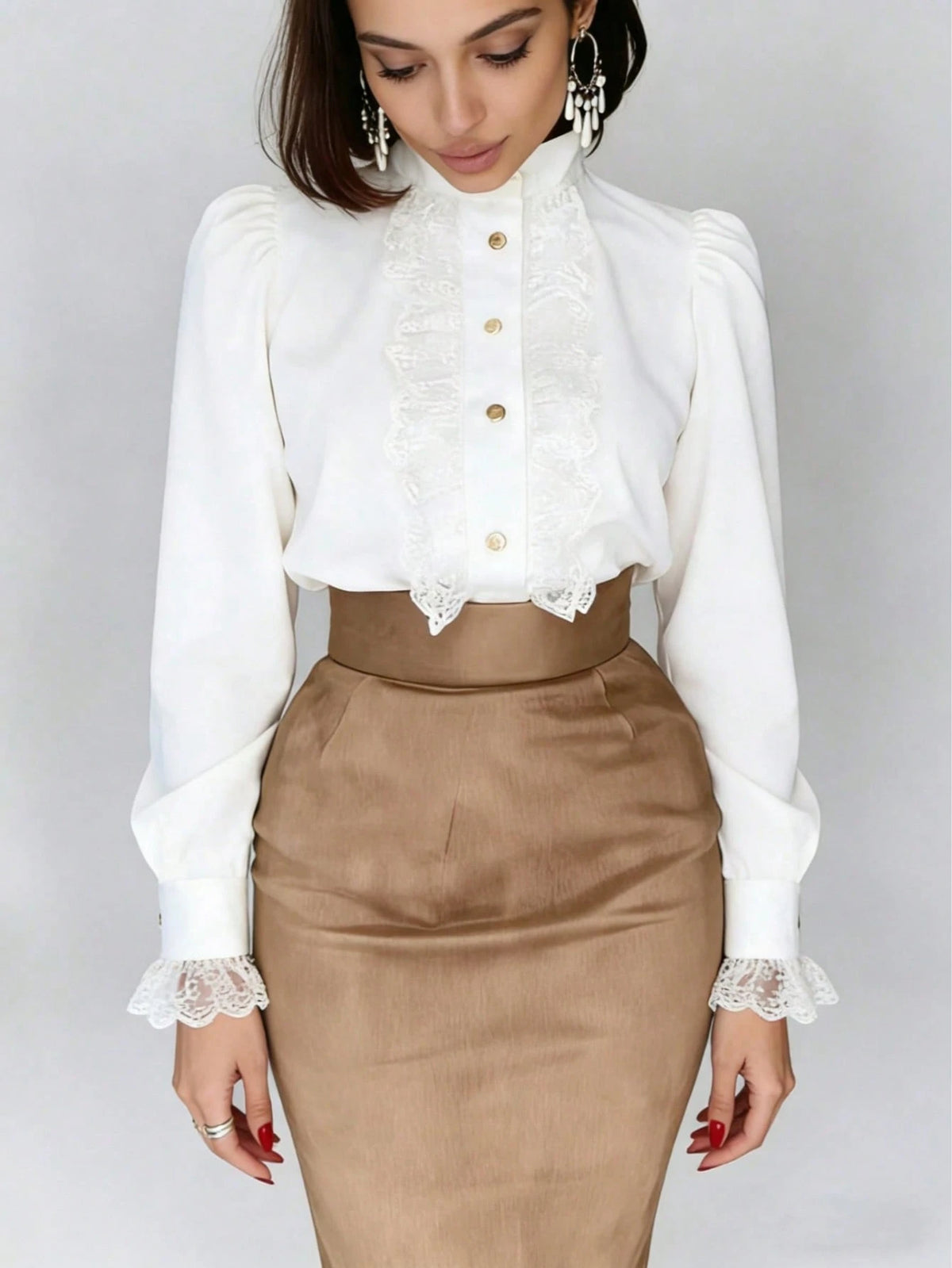 Autumn French Lace Patchwork Stand Collar Premium Blouse Back To School White