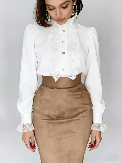 Autumn French Lace Patchwork Stand Collar Premium Blouse Back To School White