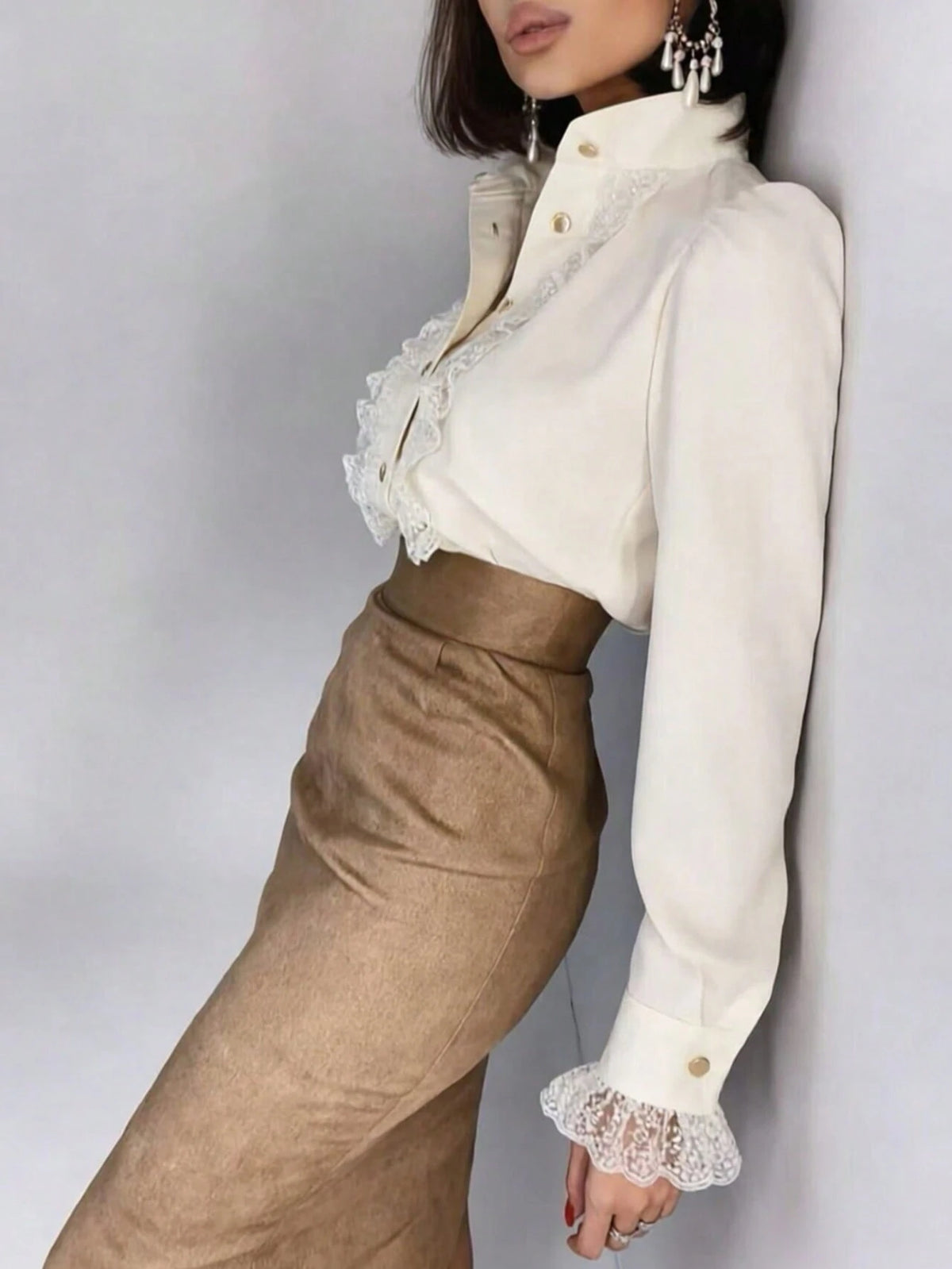 Autumn French Lace Patchwork Stand Collar Premium Blouse Back To School White