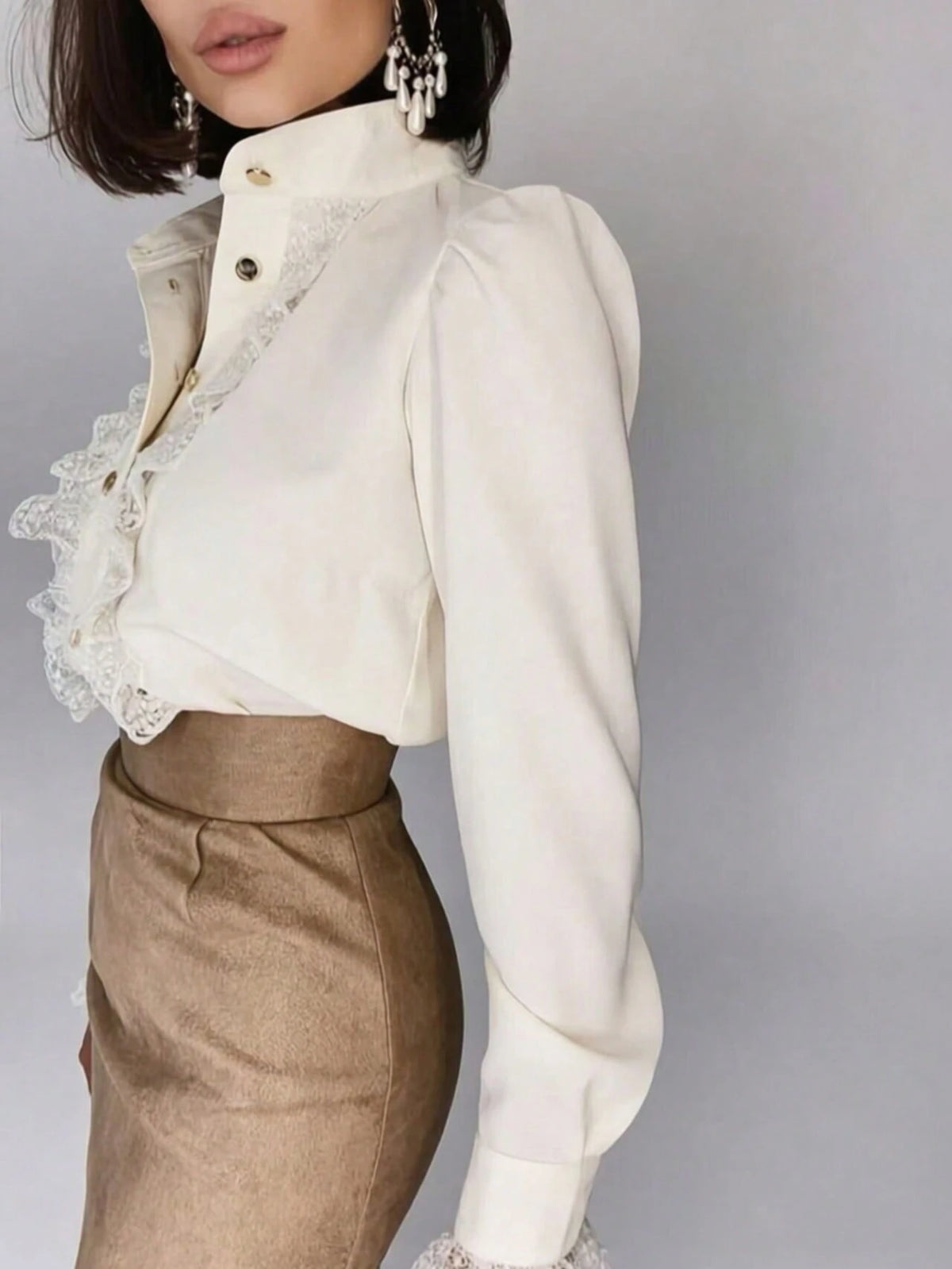 Autumn French Lace Patchwork Stand Collar Premium Blouse Back To School White