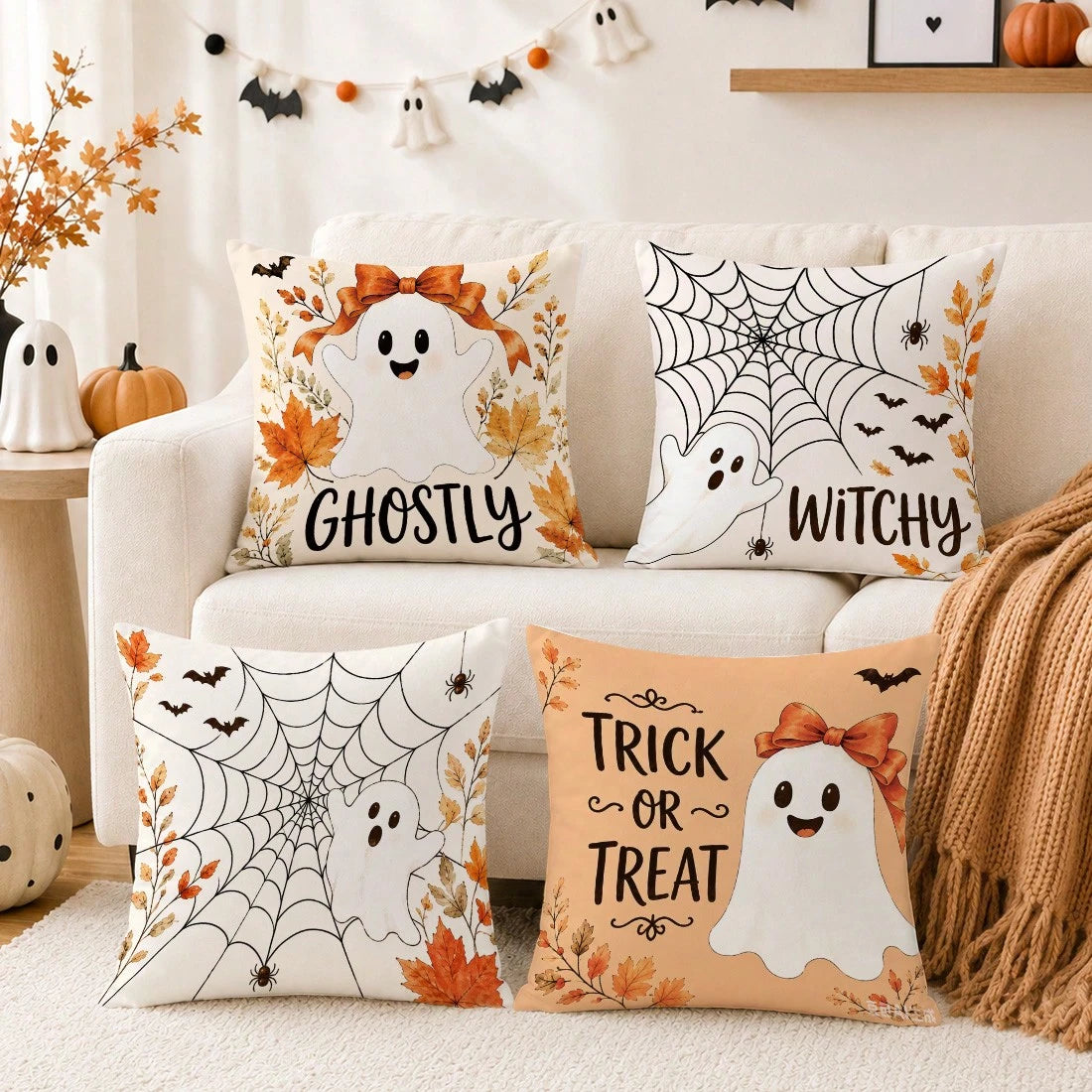 Autumn Halloween Cute Ghost Spider Web Pattern Cushion Cover 4pcs Set, Single-Sided Printed Peach Skin Polyester Material, 45*45CM/18*18inch Pillow Case Suitable For Room Decor, Modern Minimalist Sofa