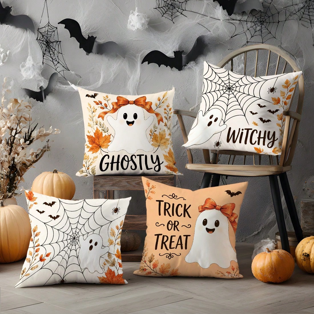 Autumn Halloween Cute Ghost Spider Web Pattern Cushion Cover 4pcs Set, Single-Sided Printed Peach Skin Polyester Material, 45*45CM/18*18inch Pillow Case Suitable For Room Decor, Modern Minimalist Sofa