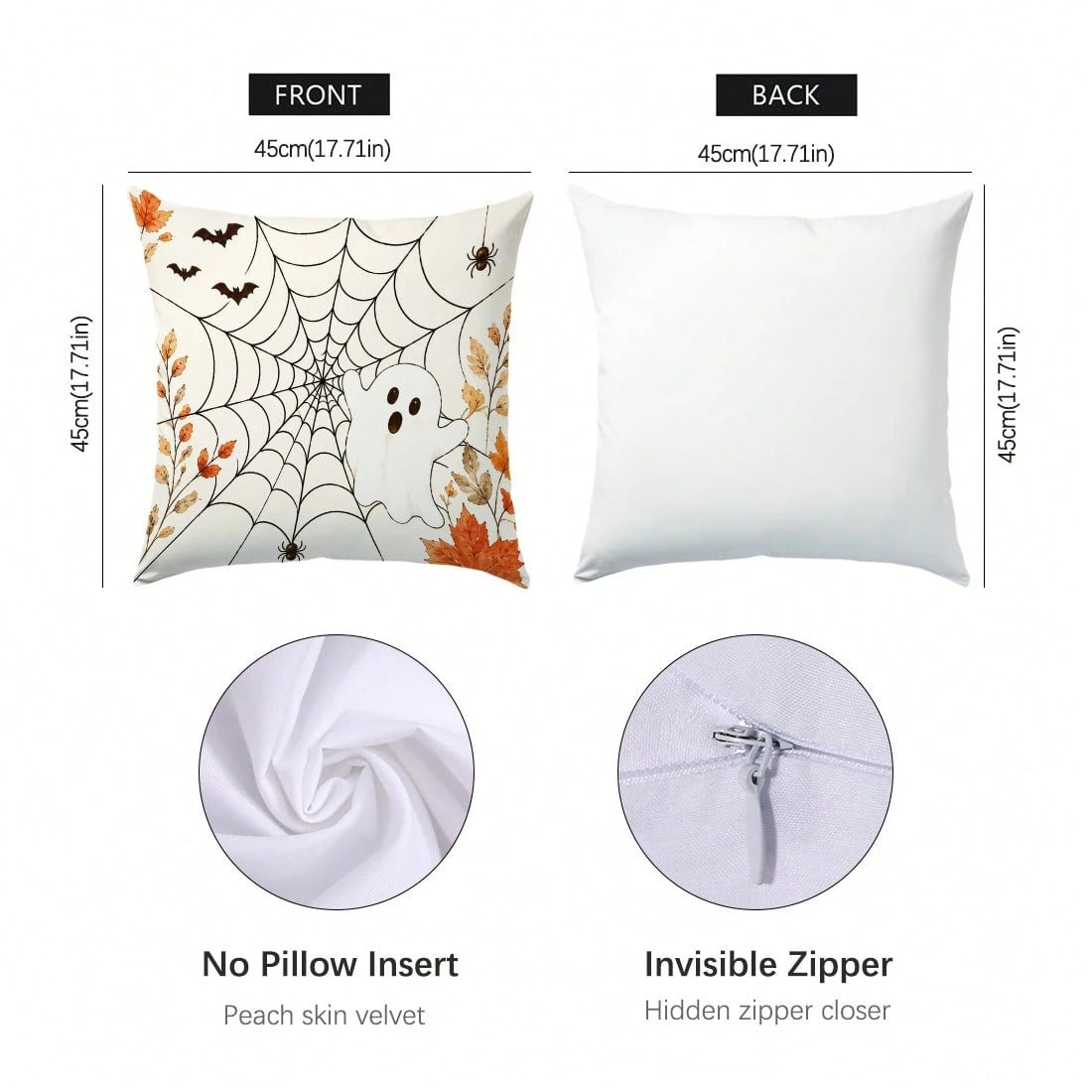 Autumn Halloween Cute Ghost Spider Web Pattern Cushion Cover 4pcs Set, Single-Sided Printed Peach Skin Polyester Material, 45*45CM/18*18inch Pillow Case Suitable For Room Decor, Modern Minimalist Sofa