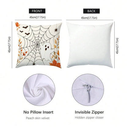 Autumn Halloween Cute Ghost Spider Web Pattern Cushion Cover 4pcs Set, Single-Sided Printed Peach Skin Polyester Material, 45*45CM/18*18inch Pillow Case Suitable For Room Decor, Modern Minimalist Sofa
