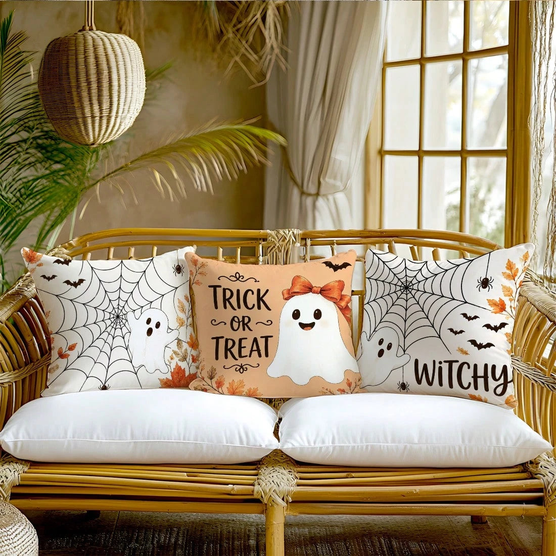 Autumn Halloween Cute Ghost Spider Web Pattern Cushion Cover 4pcs Set, Single-Sided Printed Peach Skin Polyester Material, 45*45CM/18*18inch Pillow Case Suitable For Room Decor, Modern Minimalist Sofa