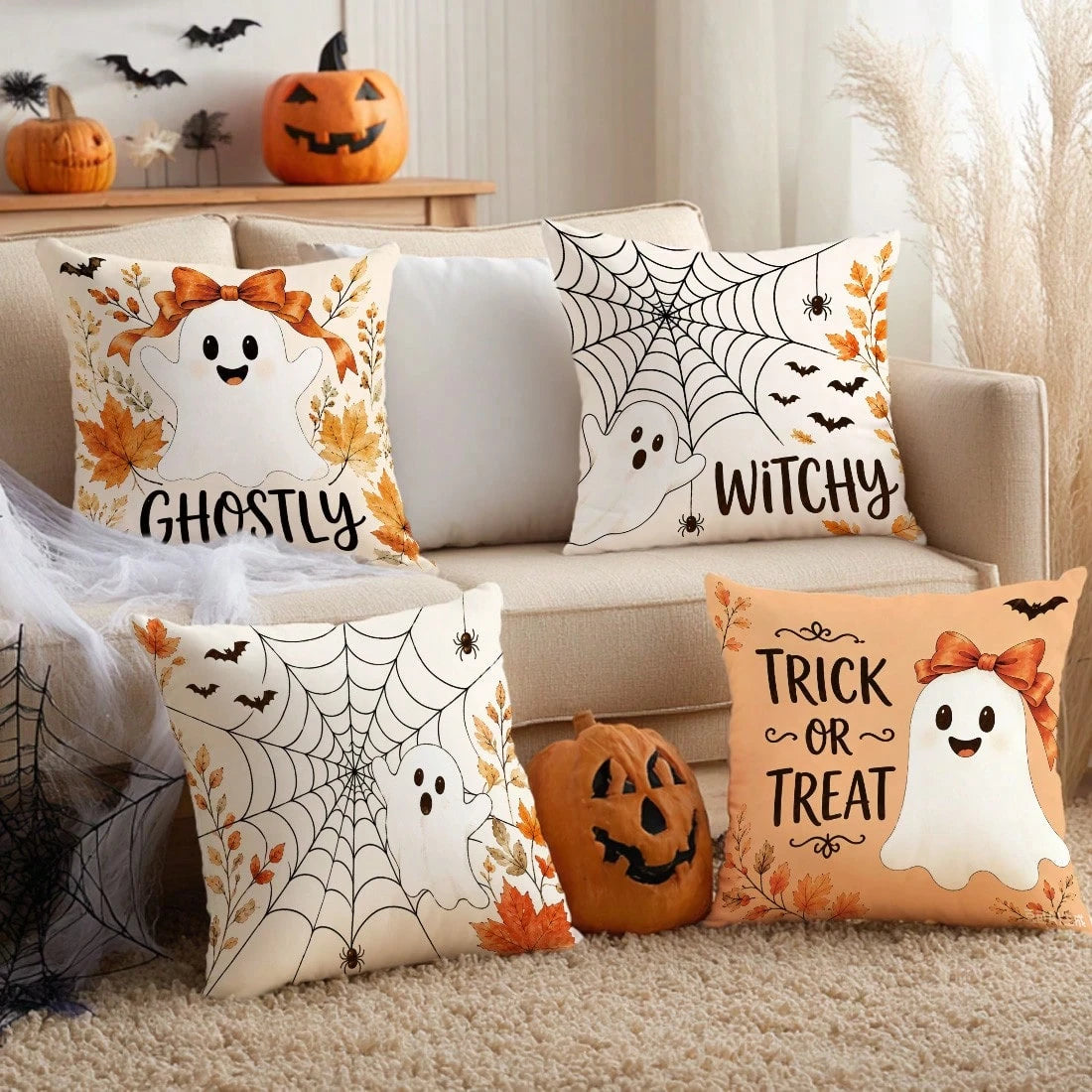 Autumn Halloween Cute Ghost Spider Web Pattern Cushion Cover 4pcs Set, Single-Sided Printed Peach Skin Polyester Material, 45*45CM/18*18inch Pillow Case Suitable For Room Decor, Modern Minimalist Sofa