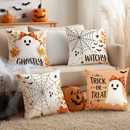 Autumn Halloween Cute Ghost Spider Web Pattern Cushion Cover 4pcs Set, Single-Sided Printed Peach Skin Polyester Material, 45*45CM/18*18inch Pillow Case Suitable For Room Decor, Modern Minimalist Sofa