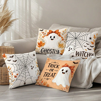 Autumn Halloween Cute Ghost Spider Web Pattern Cushion Cover 4pcs Set, Single-Sided Printed Peach Skin Polyester Material, 45*45CM/18*18inch Pillow Case Suitable For Room Decor, Modern Minimalist Sofa