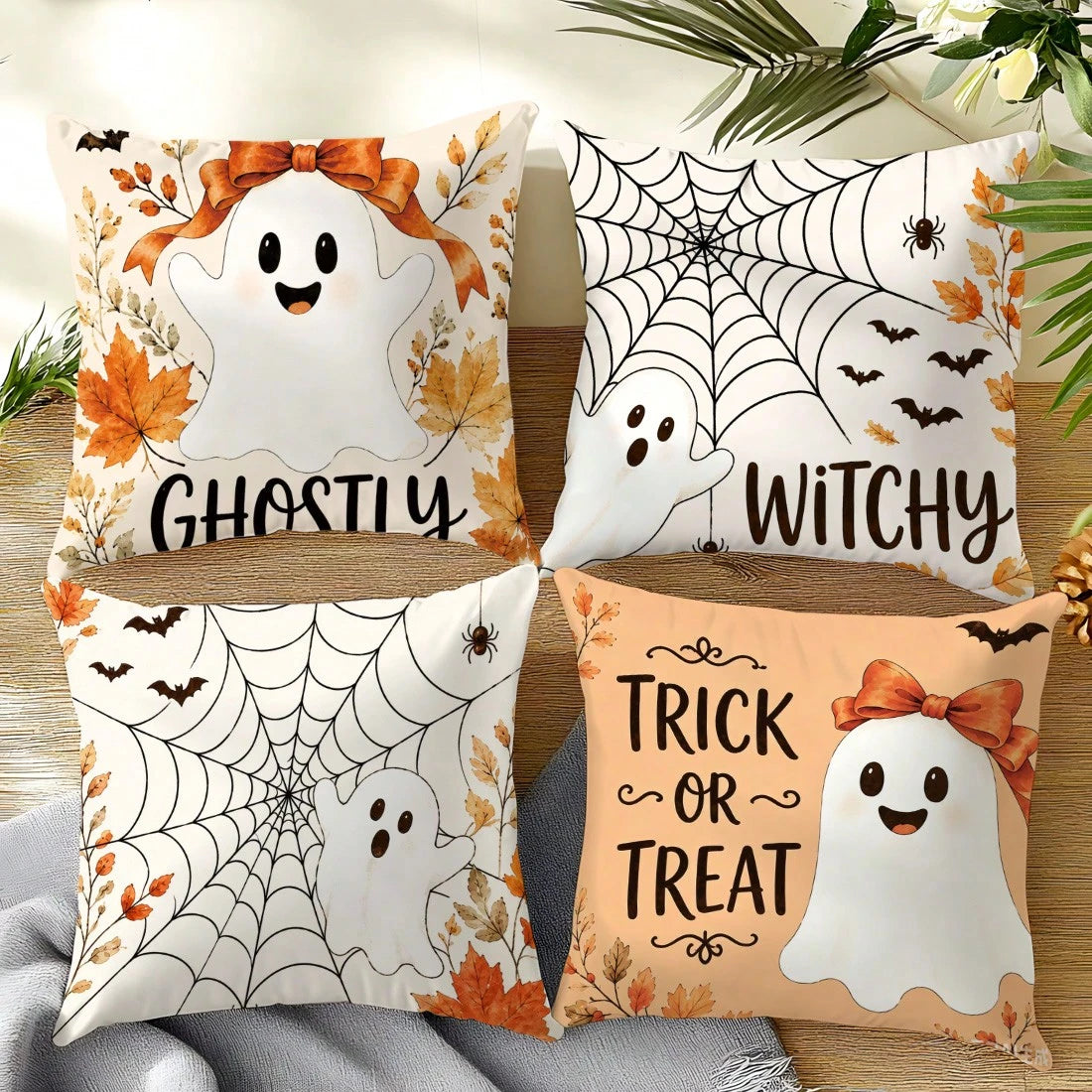 Autumn Halloween Cute Ghost Spider Web Pattern Cushion Cover 4pcs Set, Single-Sided Printed Peach Skin Polyester Material, 45*45CM/18*18inch Pillow Case Suitable For Room Decor, Modern Minimalist Sofa
