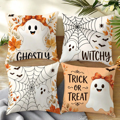 Autumn Halloween Cute Ghost Spider Web Pattern Cushion Cover 4pcs Set, Single-Sided Printed Peach Skin Polyester Material, 45*45CM/18*18inch Pillow Case Suitable For Room Decor, Modern Minimalist Sofa