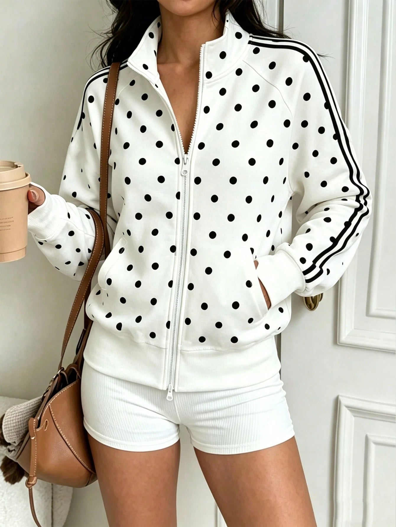 Autumn New Women's Sports Jacket- Women's Polka Dot Jacket With Zipper, Y2K Retro Style, Suitable For Outdoor Exercise, Gym Workout, Running, Ball Sports, Casual Sports