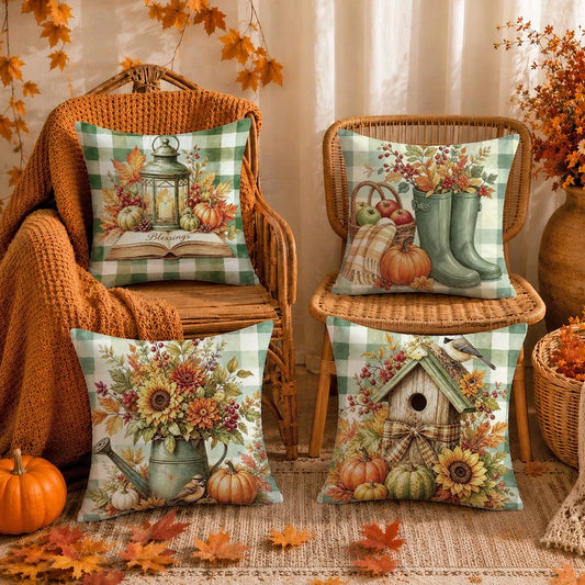Autumn Vintage Green Plaid Pumpkin Water Bottle Plant Cushion Cover 4pcs Set, Single-Sided Printed Peach Skin Velvet Polyester Material, 45*45CM/18*18inch Pillow Covers Suitable For Room Decor, Modern
