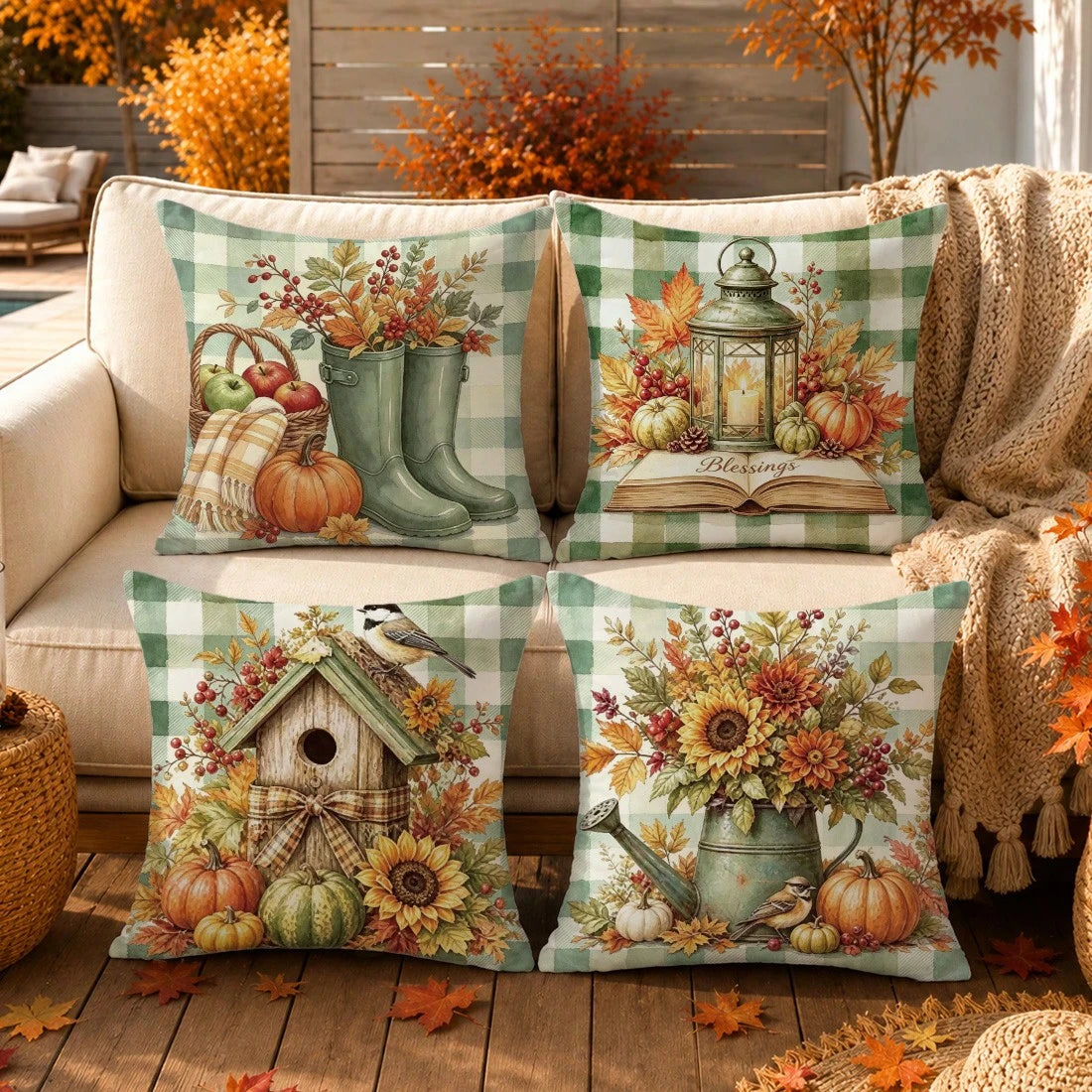 Autumn Vintage Green Plaid Pumpkin Water Bottle Plant Cushion Cover 4pcs Set, Single-Sided Printed Peach Skin Velvet Polyester Material, 45*45CM/18*18inch Pillow Covers Suitable For Room Decor, Modern