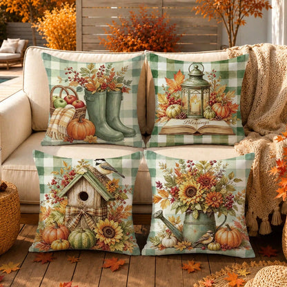 Autumn Vintage Green Plaid Pumpkin Water Bottle Plant Cushion Cover 4pcs Set, Single-Sided Printed Peach Skin Velvet Polyester Material, 45*45CM/18*18inch Pillow Covers Suitable For Room Decor, Modern