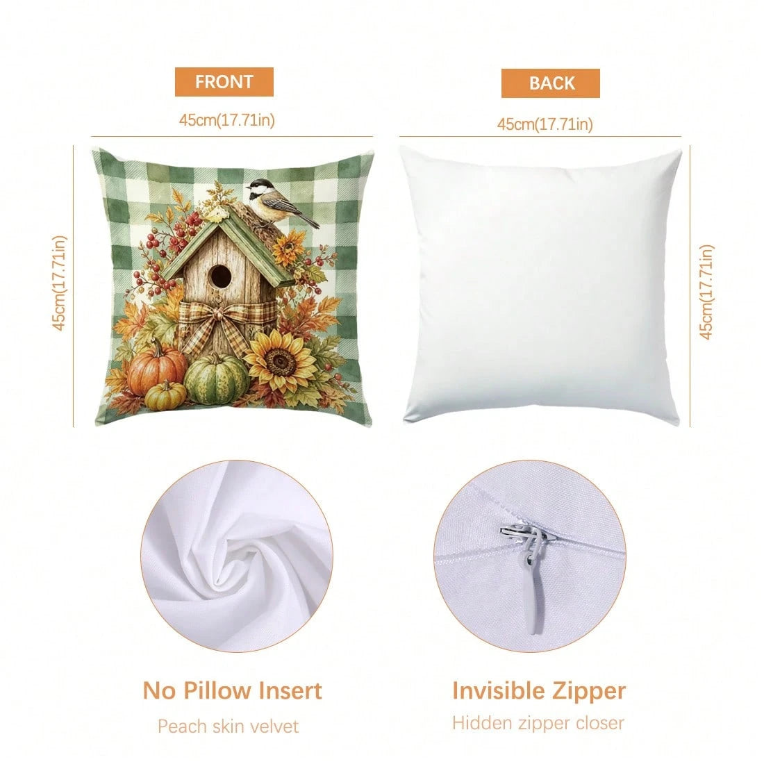 Autumn Vintage Green Plaid Pumpkin Water Bottle Plant Cushion Cover 4pcs Set, Single-Sided Printed Peach Skin Velvet Polyester Material, 45*45CM/18*18inch Pillow Covers Suitable For Room Decor, Modern