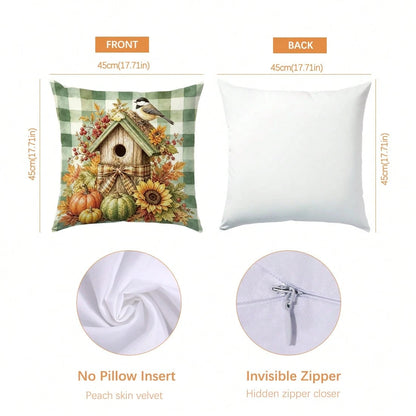 Autumn Vintage Green Plaid Pumpkin Water Bottle Plant Cushion Cover 4pcs Set, Single-Sided Printed Peach Skin Velvet Polyester Material, 45*45CM/18*18inch Pillow Covers Suitable For Room Decor, Modern
