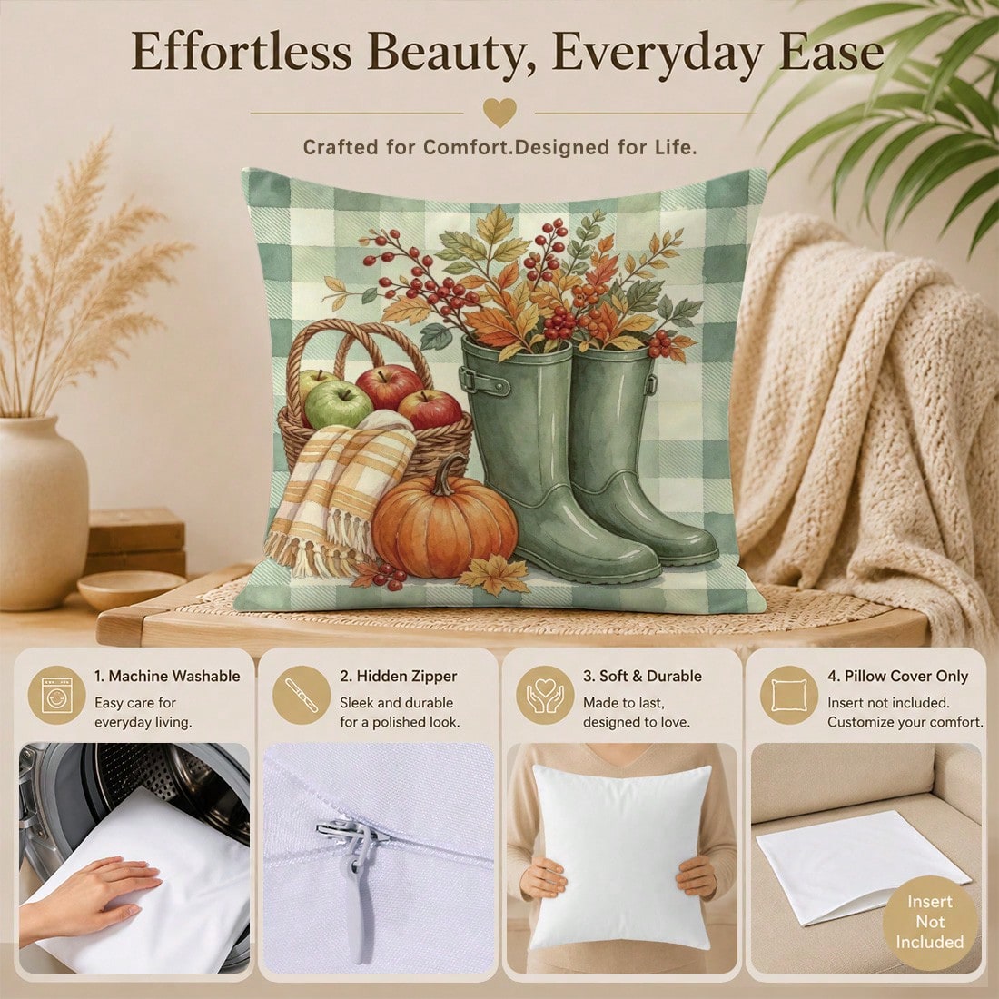 Autumn Vintage Green Plaid Pumpkin Water Bottle Plant Cushion Cover 4pcs Set, Single-Sided Printed Peach Skin Velvet Polyester Material, 45*45CM/18*18inch Pillow Covers Suitable For Room Decor, Modern