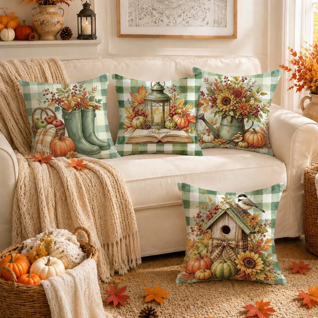 Autumn Vintage Green Plaid Pumpkin Water Bottle Plant Cushion Cover 4pcs Set, Single-Sided Printed Peach Skin Velvet Polyester Material, 45*45CM/18*18inch Pillow Covers Suitable For Room Decor, Modern