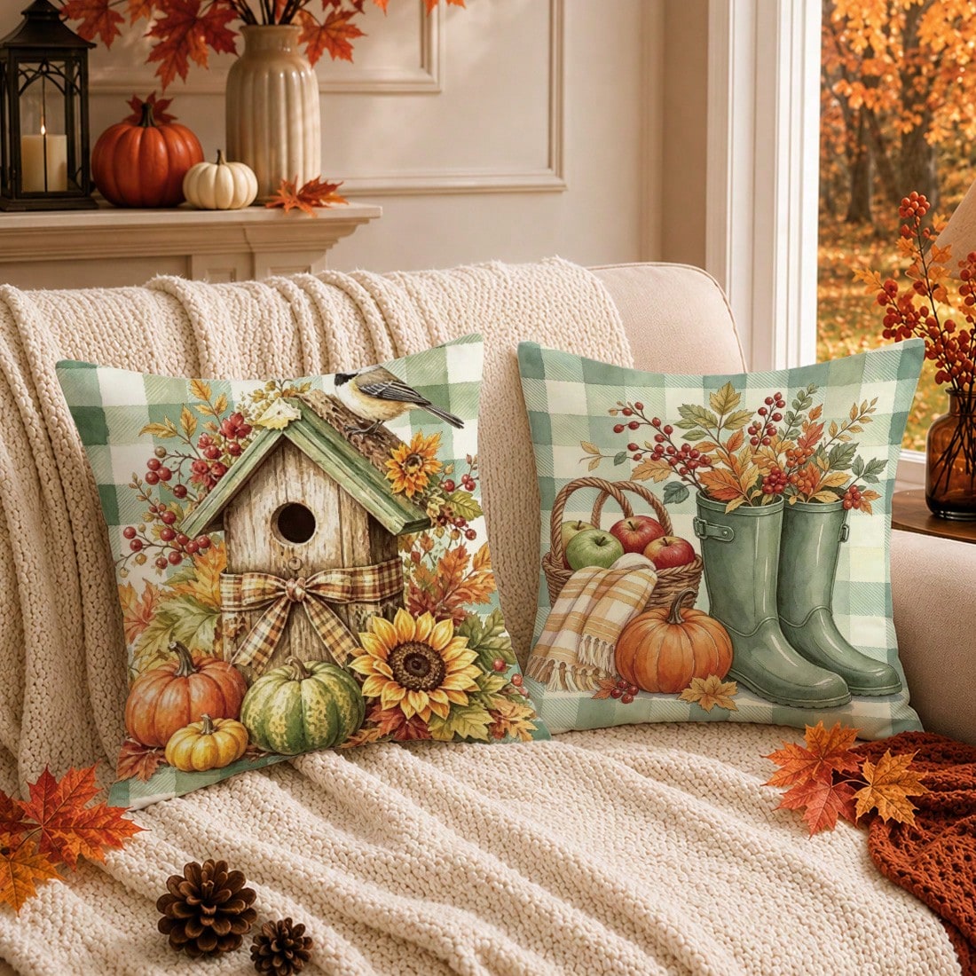 Autumn Vintage Green Plaid Pumpkin Water Bottle Plant Cushion Cover 4pcs Set, Single-Sided Printed Peach Skin Velvet Polyester Material, 45*45CM/18*18inch Pillow Covers Suitable For Room Decor, Modern