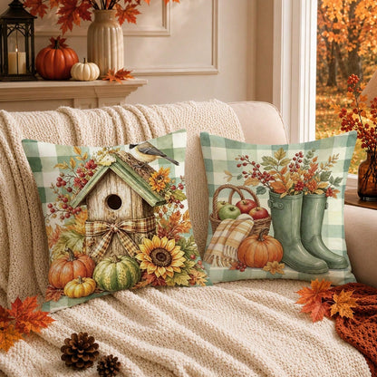 Autumn Vintage Green Plaid Pumpkin Water Bottle Plant Cushion Cover 4pcs Set, Single-Sided Printed Peach Skin Velvet Polyester Material, 45*45CM/18*18inch Pillow Covers Suitable For Room Decor, Modern