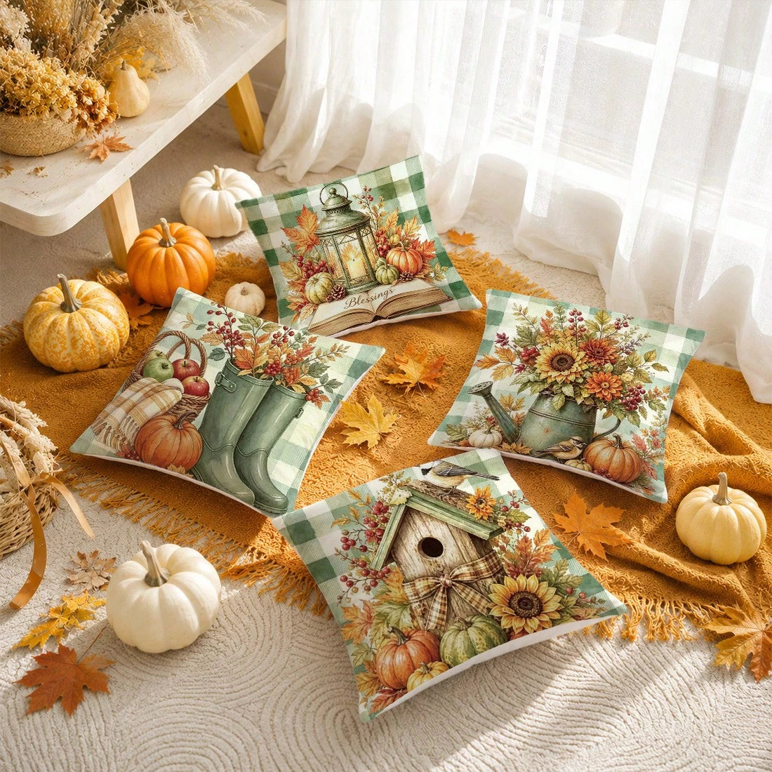 Autumn Vintage Green Plaid Pumpkin Water Bottle Plant Cushion Cover 4pcs Set, Single-Sided Printed Peach Skin Velvet Polyester Material, 45*45CM/18*18inch Pillow Covers Suitable For Room Decor, Modern