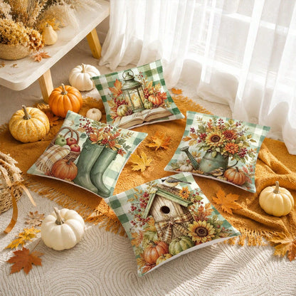 Autumn Vintage Green Plaid Pumpkin Water Bottle Plant Cushion Cover 4pcs Set, Single-Sided Printed Peach Skin Velvet Polyester Material, 45*45CM/18*18inch Pillow Covers Suitable For Room Decor, Modern