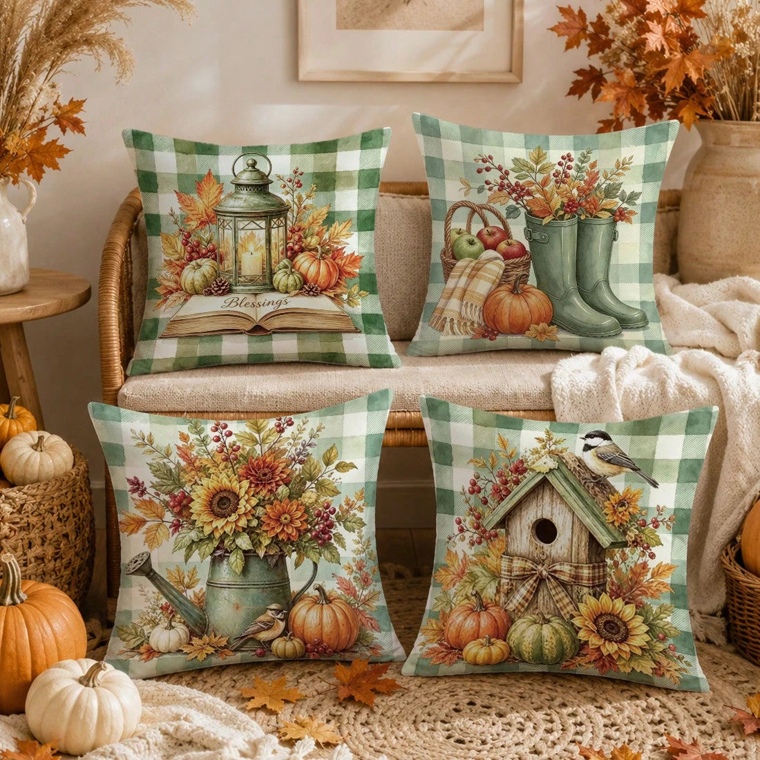Autumn Vintage Green Plaid Pumpkin Water Bottle Plant Cushion Cover 4pcs Set, Single-Sided Printed Peach Skin Velvet Polyester Material, 45*45CM/18*18inch Pillow Covers Suitable For Room Decor, Modern