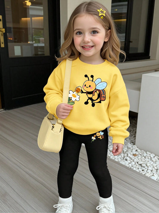 Autumn/Winter Baby Girl Creative Fresh Minimalist Cute Little Bee Print Basic Crew Neck Sweatshirt & Leggings Set, Comfortable Outfit