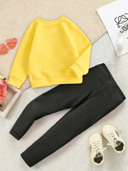 Autumn/Winter Baby Girl Creative Fresh Minimalist Cute Little Bee Print Basic Crew Neck Sweatshirt & Leggings Set, Comfortable Outfit