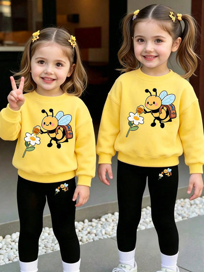Autumn/Winter Baby Girl Creative Fresh Minimalist Cute Little Bee Print Basic Crew Neck Sweatshirt & Leggings Set, Comfortable Outfit