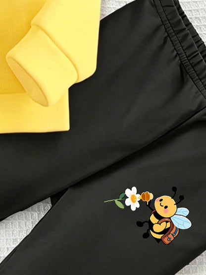 Autumn/Winter Baby Girl Creative Fresh Minimalist Cute Little Bee Print Basic Crew Neck Sweatshirt & Leggings Set, Comfortable Outfit