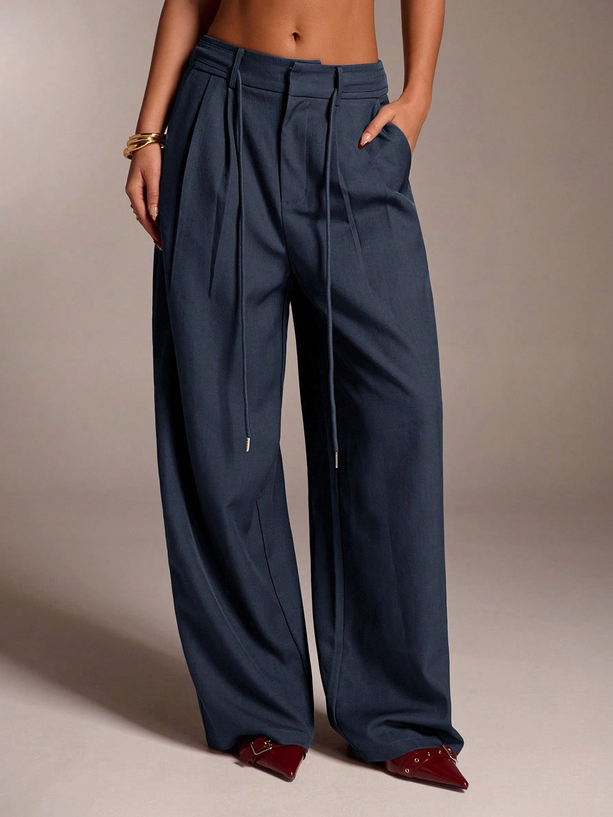 Avantive Women Navy Blue Winter Oversized Office Wide Leg Palazzo Pants,Elegant Business Casual Straight Leg Trousers,Vintage Y2k Streetwear Fashion Clothes