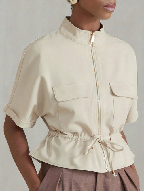 Aveloria Modichic Fashionable Short Utility Shirt, With Two Symmetrical Chest Pockets, Cinched Waist Design, Overall Neat And Practical