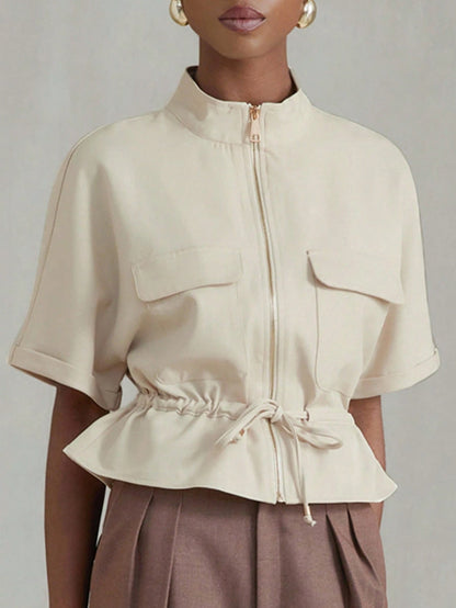 Aveloria Modichic Fashionable Short Utility Shirt, With Two Symmetrical Chest Pockets, Cinched Waist Design, Overall Neat And Practical