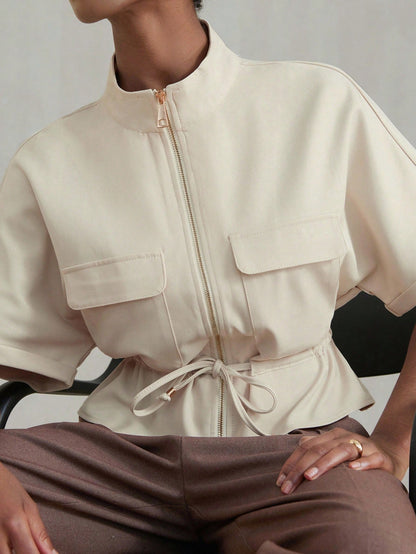 Aveloria Modichic Fashionable Short Utility Shirt, With Two Symmetrical Chest Pockets, Cinched Waist Design, Overall Neat And Practical